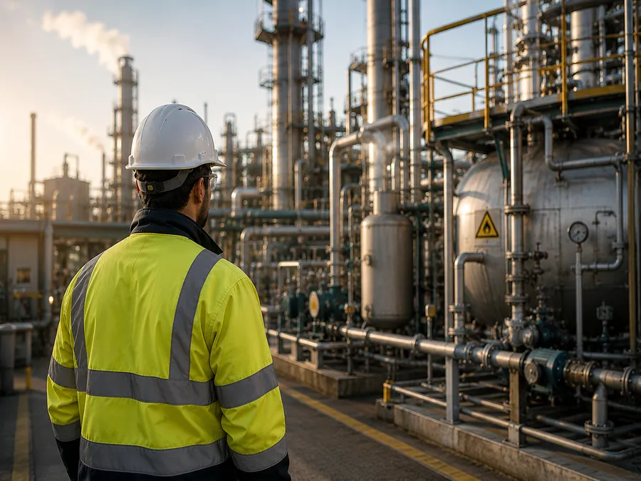 Alleinarbeiter kontrolliert technische Anlagen in einer chemischen Prozessanlage