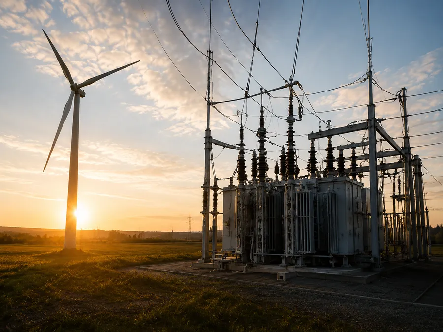 Umspannwerk und Windkraftanlage als Arbeitsbereich der Energieversorgung