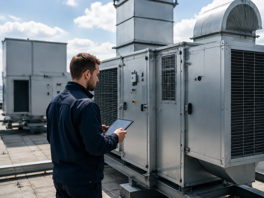 Alleinarbeiter in der Gebäudetechnik kontrolliert eine technische Anlage