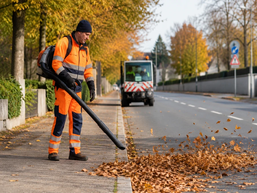 Alleinarbeiter eines Bauhofs entfernt Laub entlang einer öffentlichen Straße