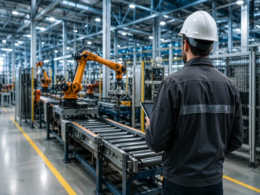 Alleinarbeiter überwacht eine automatisierte Produktionsanlage in einer Industriehalle