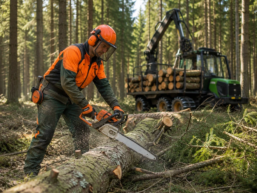 Alleinarbeiter in der Forstwirtschaft arbeitet mit einer Motorsäge im Wald