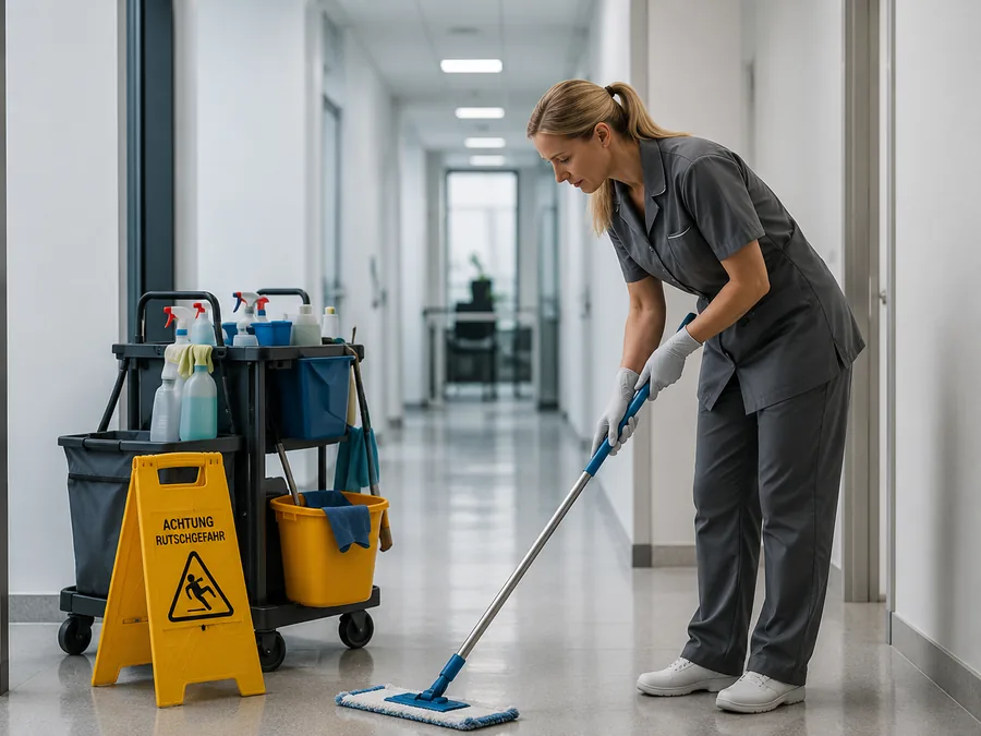 Reinigungskraft arbeitet allein in einem weitgehend verlassenen Gebäude