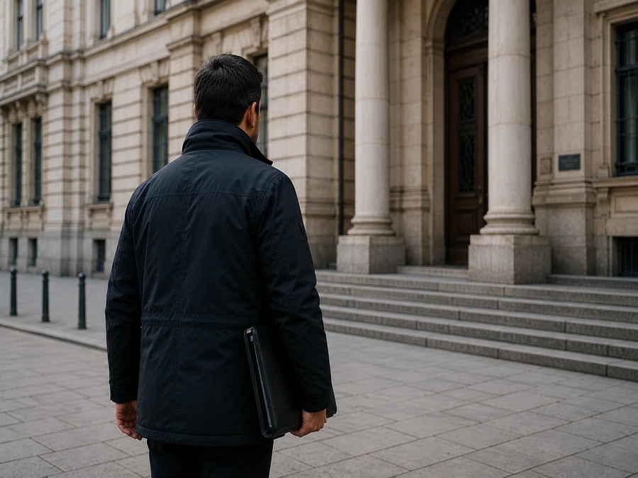 Behördenmitarbeiter im Außendienst vor einem öffentlichen Gebäude
