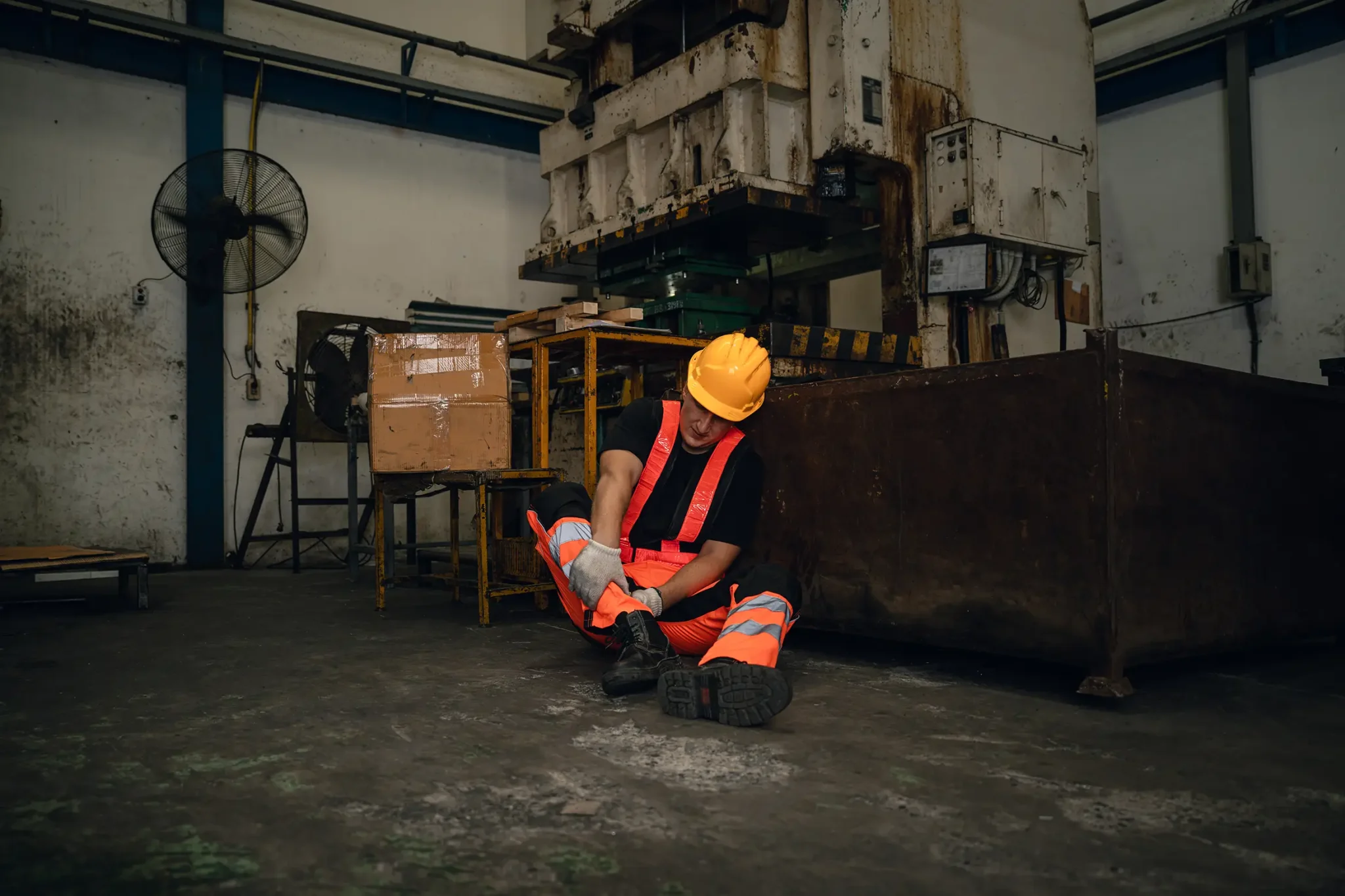 Industriearbeiter mit Schutzhelm sitzt neben einer Maschine auf dem Hallenboden und hält sich den Knöchel.