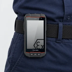 SafeTouch Ex mit roten Gehäuseakzenten und grauem Display am schwarzen Gürtel einer dunkelblauen Arbeitshose.